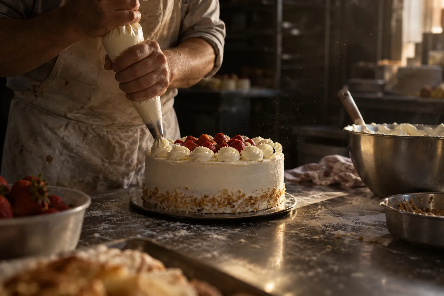 Manos del pastelero escudillando nata sobre una tarta en el obrador de Güerri