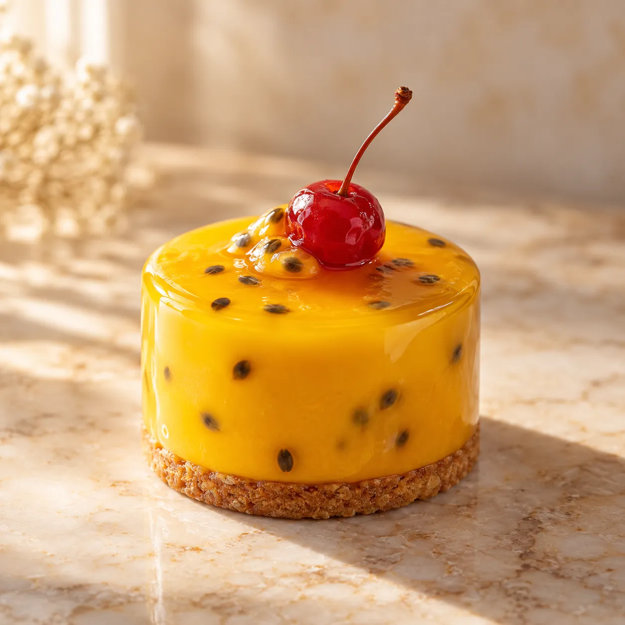 Mousse Antares de Güerri: chocolate dulcey con plátano y fruta de la pasión, coronado con una cereza